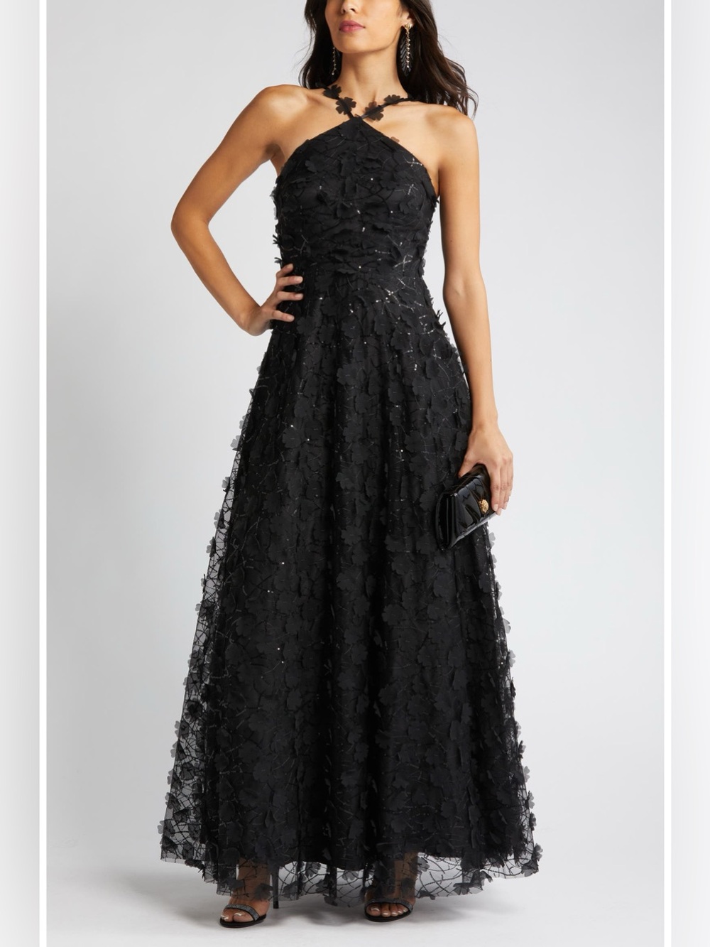 Eliza J Floating Flow Floral Sequin Halter Ballgown Black Size 4